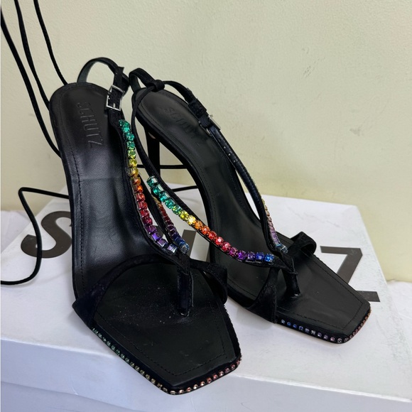 Schutz NEW Vikki Leather Strappy Crystals Ankle Ties Straps Heels Sandal Black 9 - Picture 4 of 16
